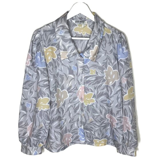 Vintage 70s 80s Gray Floral Long Sleeve Blouse, Oversized Collar, Size 12 - Picture 1 of 8